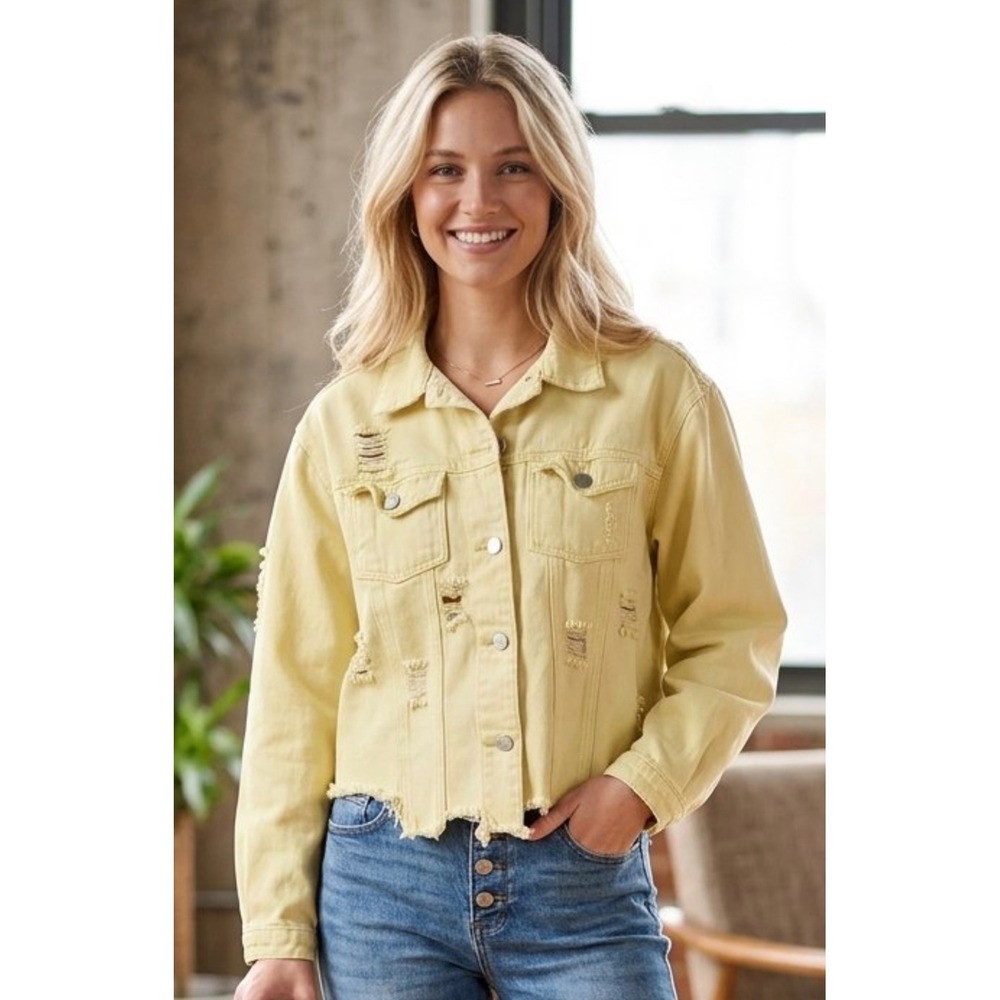 POL Distressed Yellow Denim Jacket Raw Hem Star Patch SMJ139 Womens Large